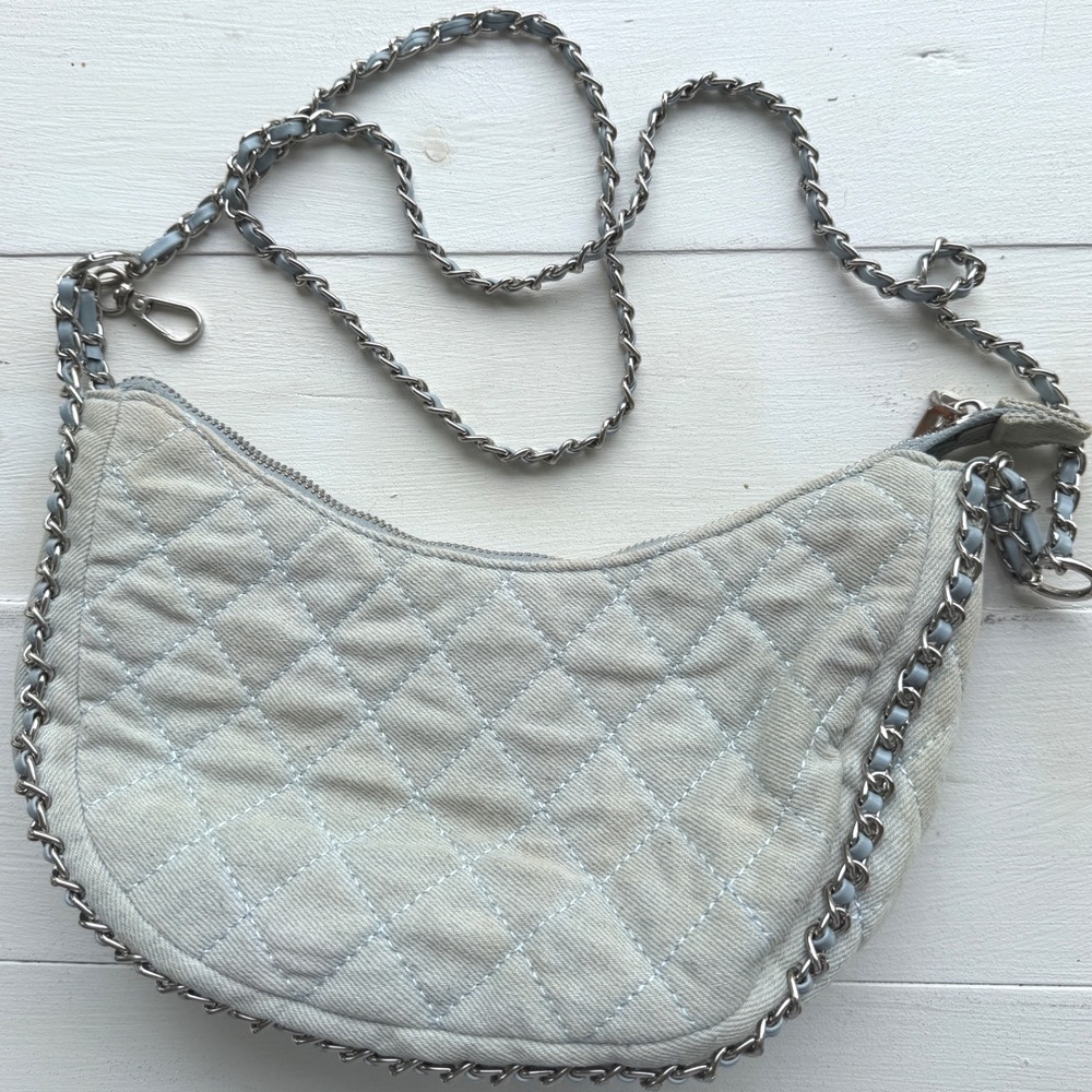 Madison West Quilted Denim Chain Crossbody Bag Light Blue Crescent Handbag